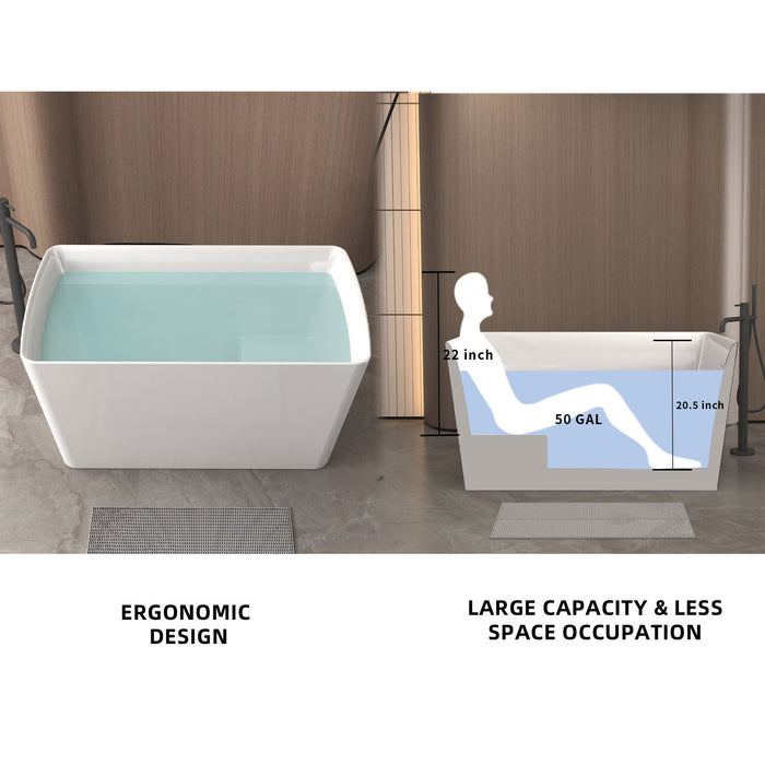 Freestanding Bathtub With Built In Seat, Rectangle Shape, Invisible Overflow & Pop Up Drain - Gloss White