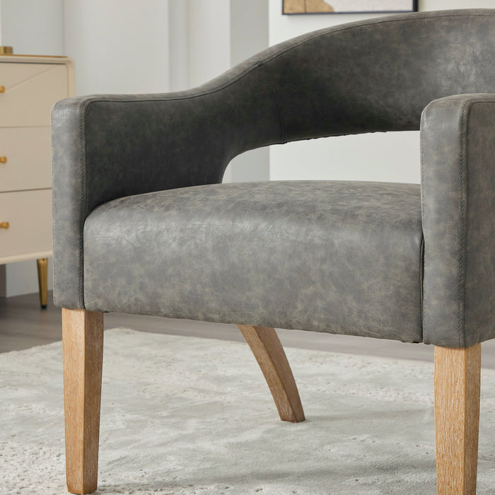 Upholstered Open Back Armchair With Weathered Rubberwood Legs