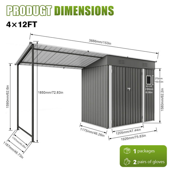 Lean To Shed With Open Sided Pergola, Outdoor Storage Shed & Attached Hardtop Gazebo Combo - Gray