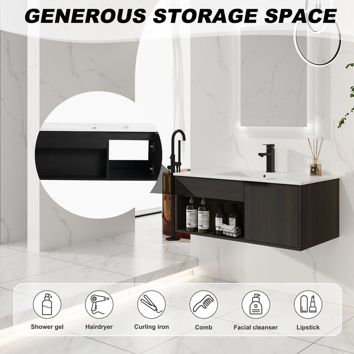 Wall Mounted Floating Bathroom Vanity With Open Shelf & Soft Close Door