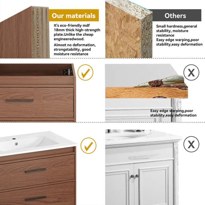 Wall Mounting Bathroom Vanity With Soft Close 2 Drawer, Sink - Reddish Brown