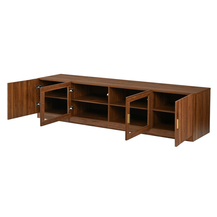 TV Stand, Media Console With Glass Doors And LED Lights, Adjustable Shelf Storage - Walnut