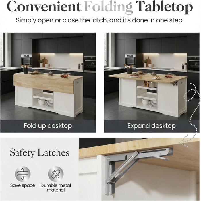 Drop Leaf Kitchen Island With Storage, Power Outlet & Pet Bowl Drawer - White / Light Oak
