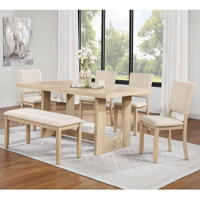 6 Piece Rectangular Kitchen Table Set With Bench And 4 Upholstered Chairs For Kitchen - Light Oak