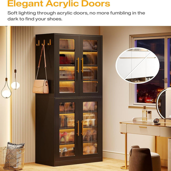 Bookcase With Doors And LED Lighting, 8 Adjustable Shelves Storage Cabinet