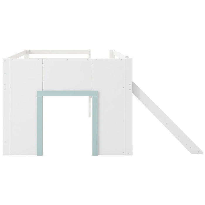 Modern Low Loft Bed With Slide, 3 Storage Drawers, And 2 Doors