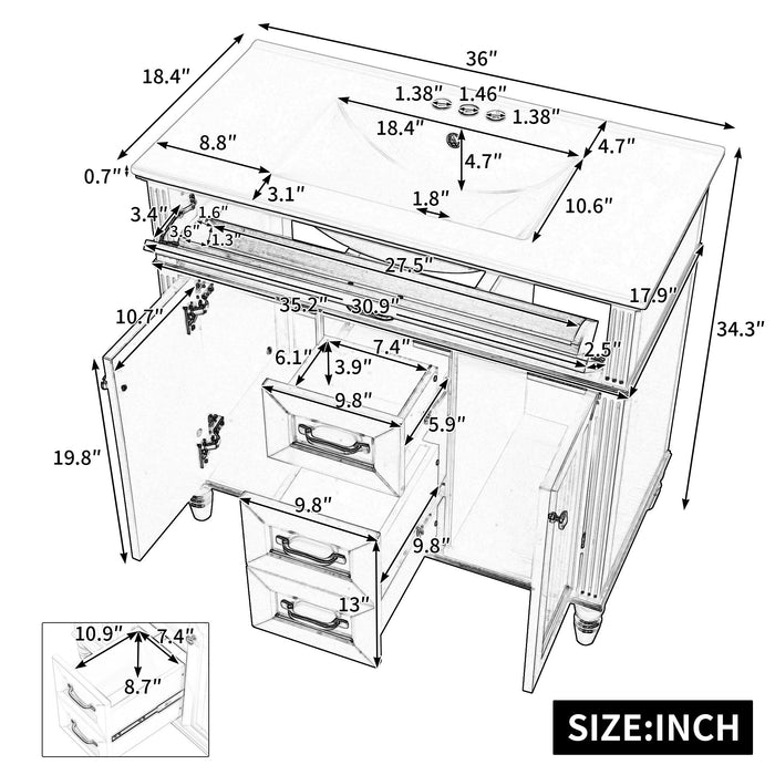 Bathroom Vanity With Sink, Flip-Out Top Drawer, Soft Close Doors, 2 Storage Drawers
