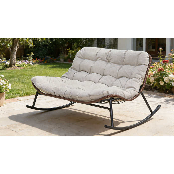 Double Wide Rocking Papasan Chair, 2 Person Outdoor Lounge Seating - Acacia Wood / Beige
