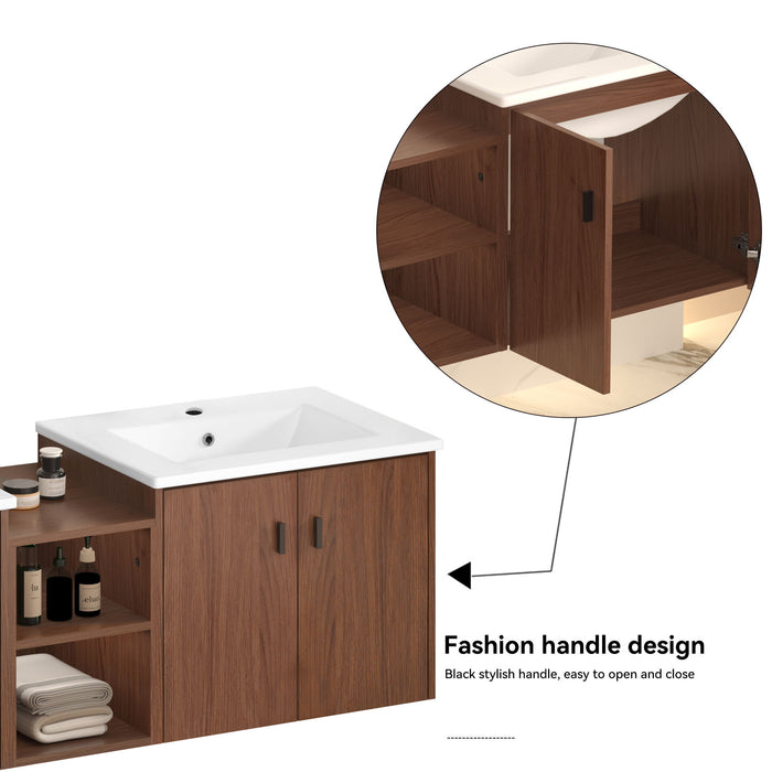 Soft Close Doors Bathroom Vanity With Small Storage Shelves, 24" And 12" Combination Cabinet - Reddish Brown
