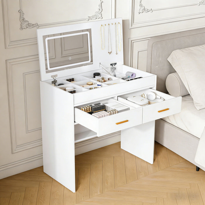 Flip Top Vanity Desk With LED Mirror & Outlet Makeup Table With 2 Drawers, Open Storage, And Jewelry Hooks - White