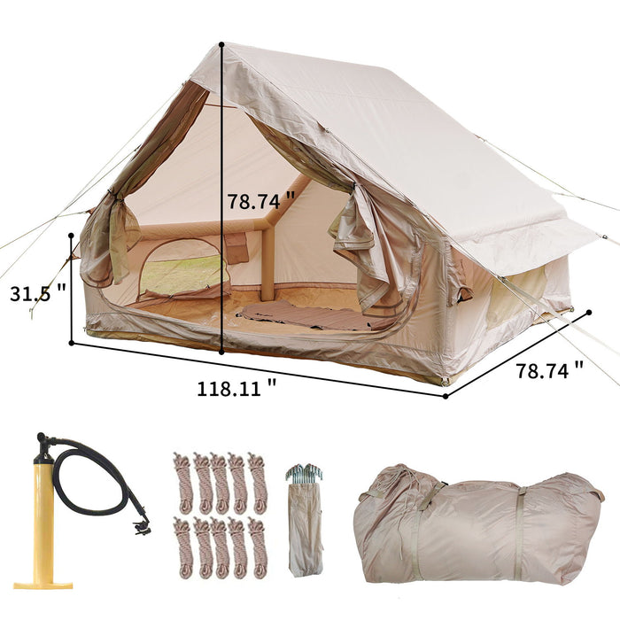Inflatable Glamping Tent For 4 - 6 People, Waterproof Outdoor Tent With Pump - Khaki
