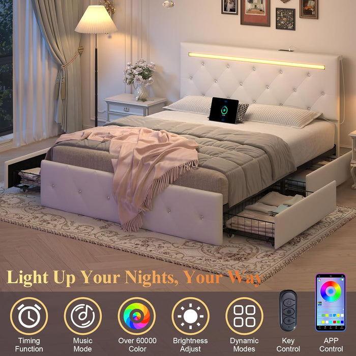 Upholstered Bed Frame With LED Lights, 4 Storage Drawers, Charging Station