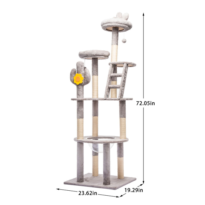 Cactus Cat Tree With Transparent Capsule, Sisal Scratching Posts - Gray