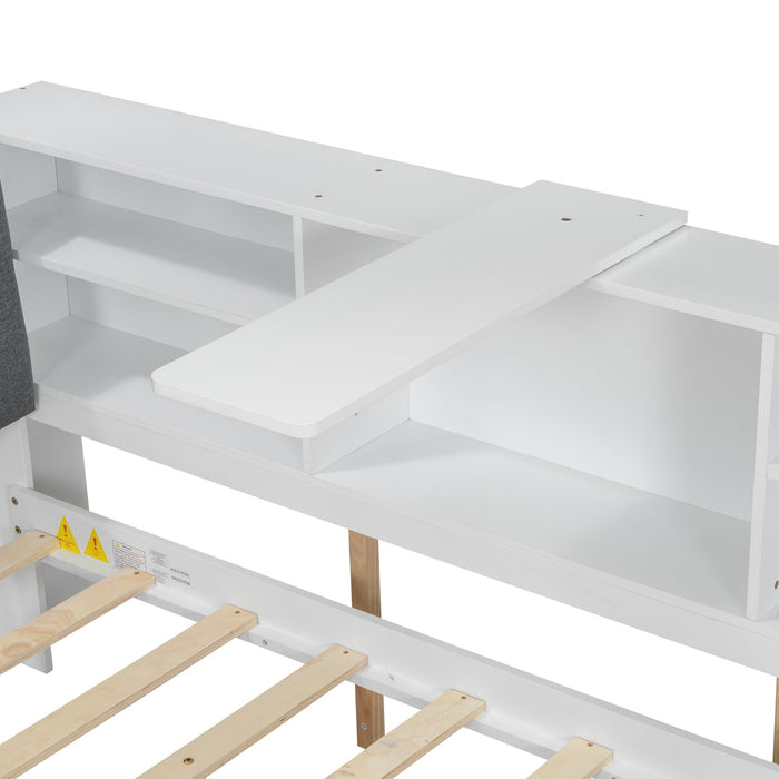 Platform Bed With Trundle, Shelves, And Storage Headboard