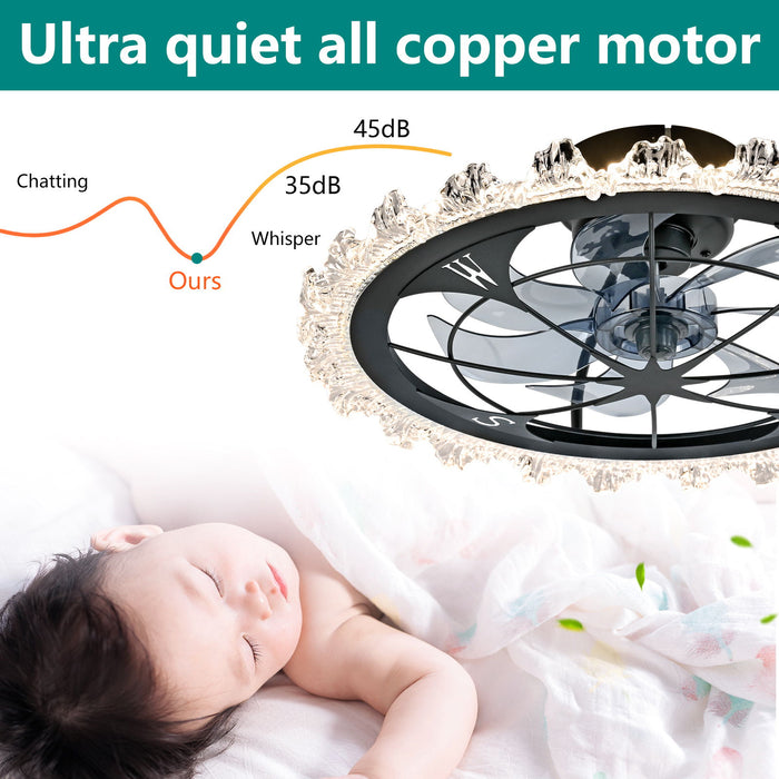 Caged Ceiling Fan With Remote Controlled Dimmable LED Lights, Flush Mount Fan, Low Profile Design - Matte Black