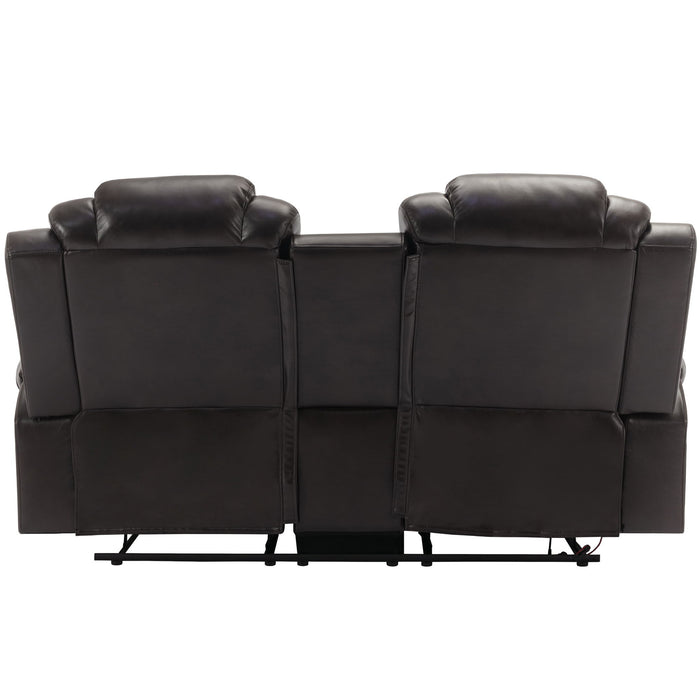3 Pieces Recliner Sofa Sets Home Theater Seating Manual Recliner Chair & Center Console And LED Light Strip For Living Room - Brown