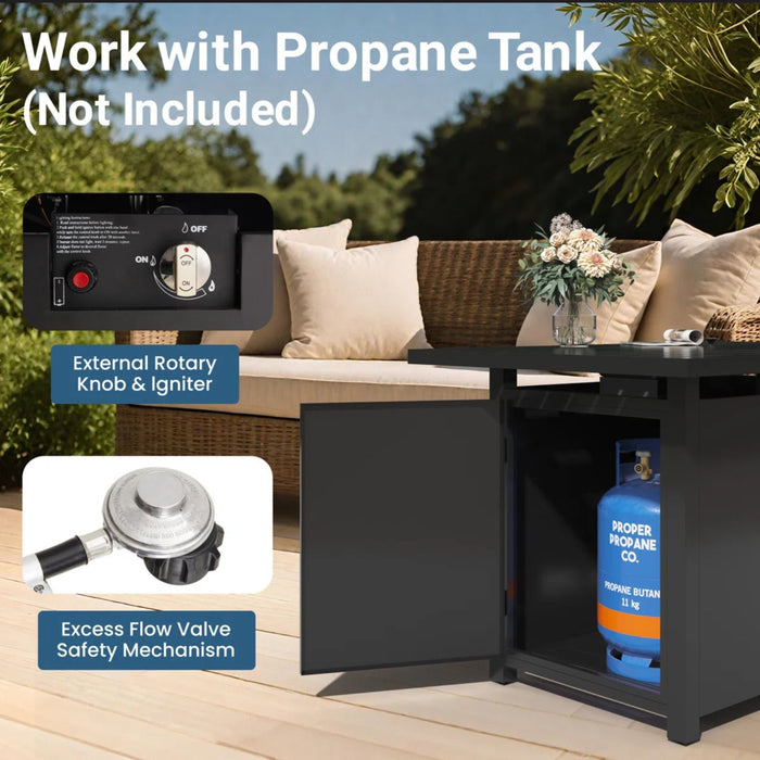 Outdoor 2 In 1 Gas Fire Pit Table With Lid & Glass Shield, Stainless Burner, Lava Rock, Rectangular Design - Black