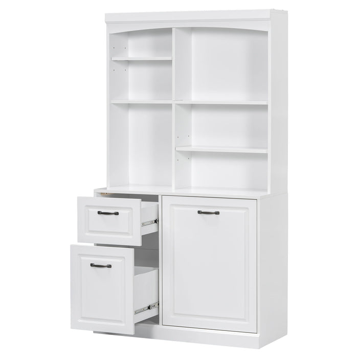 Bathroom Storage Cabinet With Tilt Out Hamper, Tall Free Standing Organizer With Drawers & Adjustable Shelves, Linen Tower With Steel Handles - White