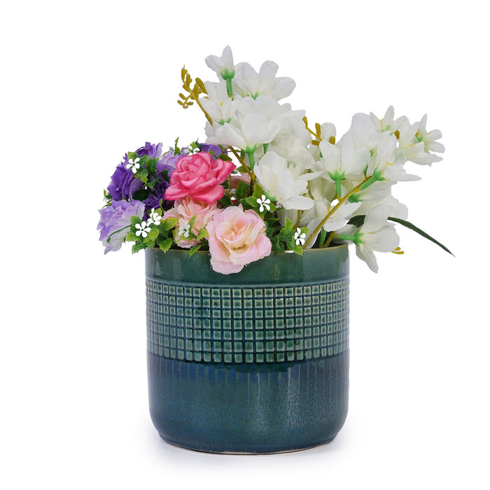 Grid Flowerpot (Set of 3), Planter For Patio, Garden, Windowsill - Blue / Green