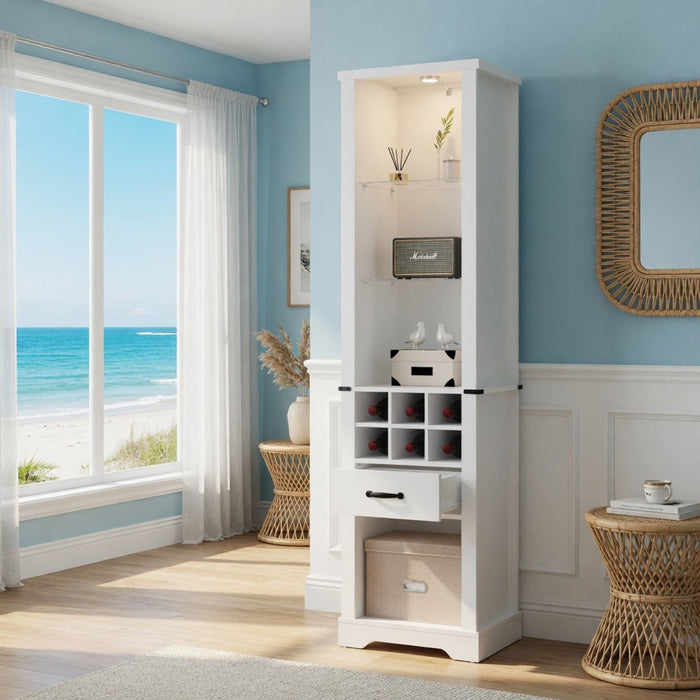 Pantry Cabinet With LED Lights, Wine Rack, Tempered Glass Shelves, And Barn Door Design - White