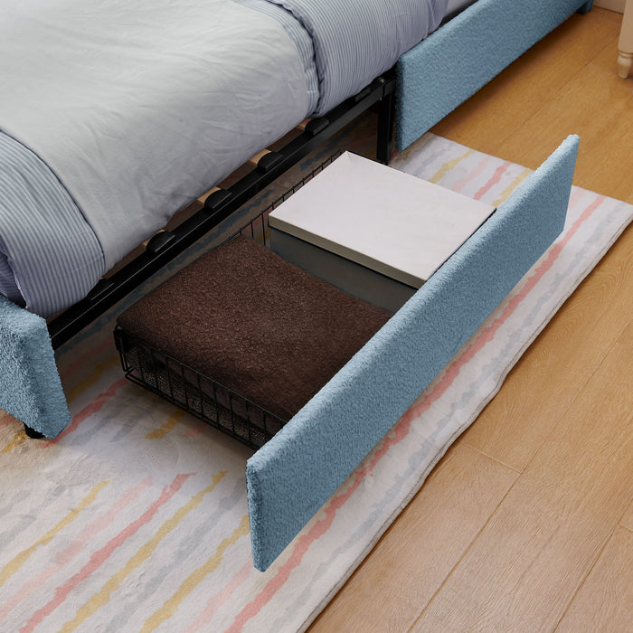 Upholstered Bed With Oversized Rabbit Ear Headboard, LED Lights & 4 Storage Drawers