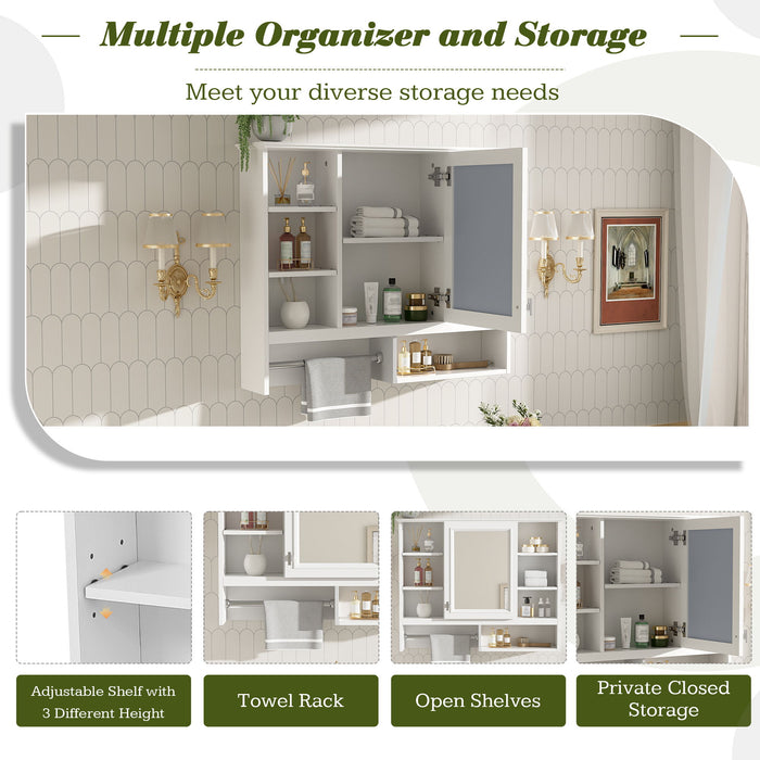 Wall Mount 2 In 1 Mirror Cabinet With Adjustable Shelves, Open Storage, For Bathroom Vanity - White