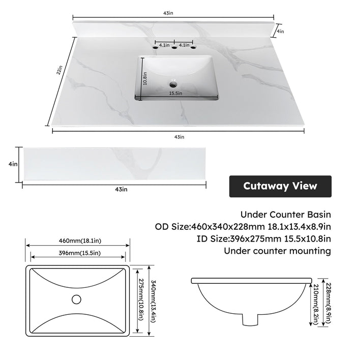Bathroom Vanity Top With Undermount Sink, 3 Pre Drilled Holes
