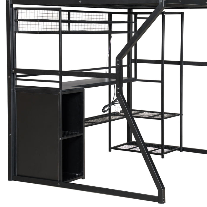 Full Size Gaming Loft Bed With Built In Work Station, Open Wardrobe, LED And Multiple Storage - Black