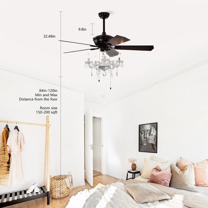 52" Crystal Shade Ceiling Fan Lamp, 3 Speed, 4 Timing, 5 Reversible Blades Crystal Ceiling Fan, 5 Pieces X E12 (No Include Bulb), Hand Pull Chain - Matte Black