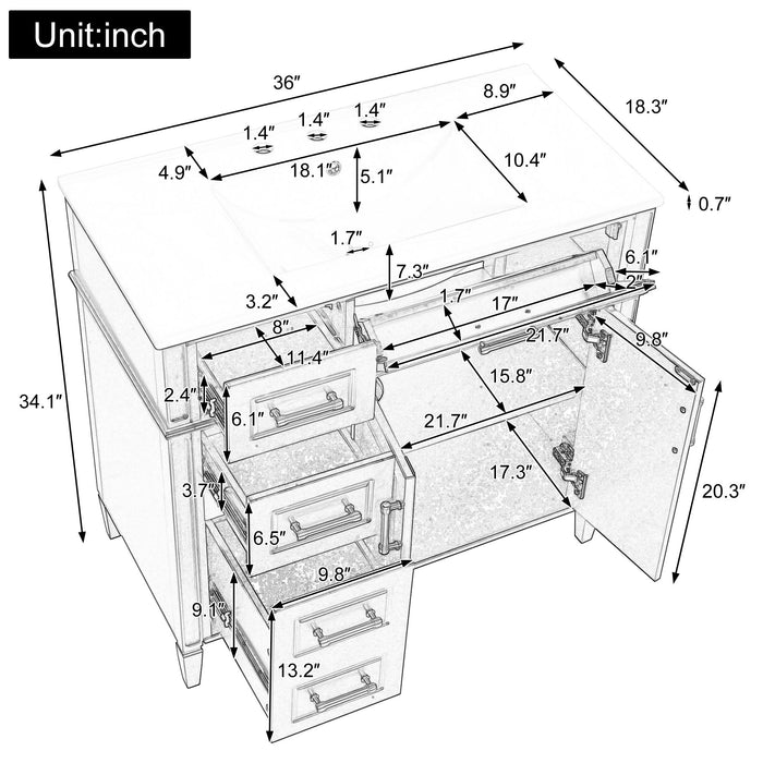 Bathroom Vanity With Sink, 4 Drawers, 2 Doors