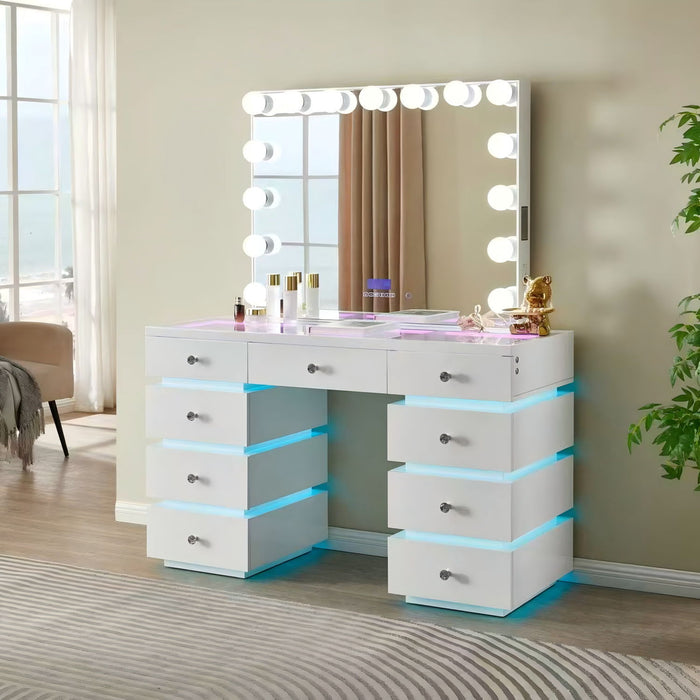 LED Lighted Makeup Vanity Desk With 15 Bulbs Mirror, RGB Light Drawers, 9 Drawers Dressing Table For Bedroom - Gloss White
