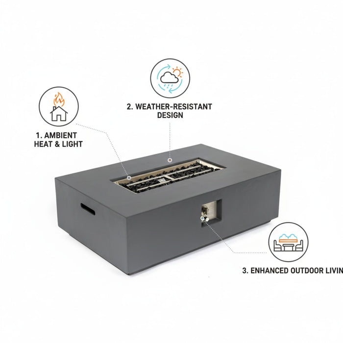 Volon - Rectangular Fire Pit Table, Propane Powered, 50,000 BTU - Light Gray