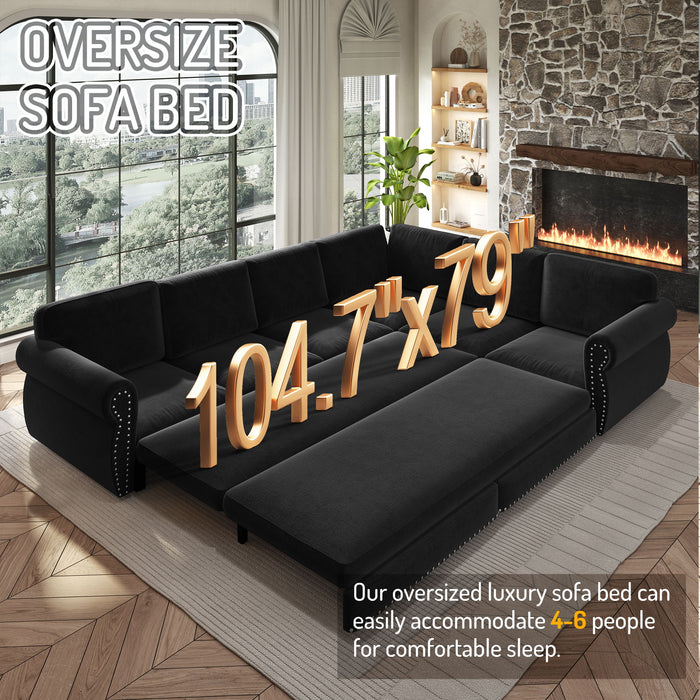 L-Shaped Sofa Couch With Pull Out Bed With Nailhead Trim & Rolled Arm