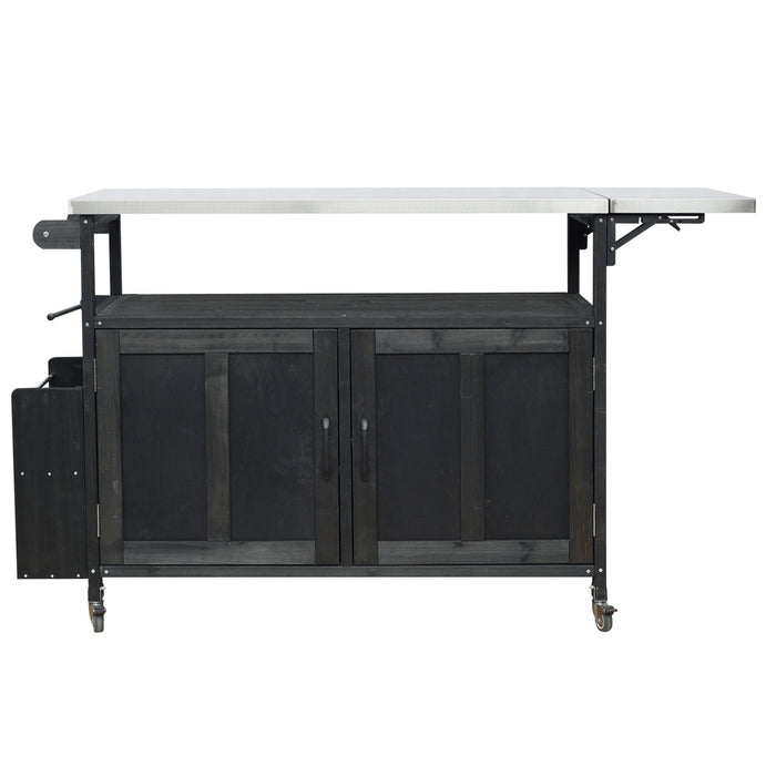 Foldable Outdoor Kitchen Island With Lockable Wheels, Storage Cabinet And Towel Rack For Patio