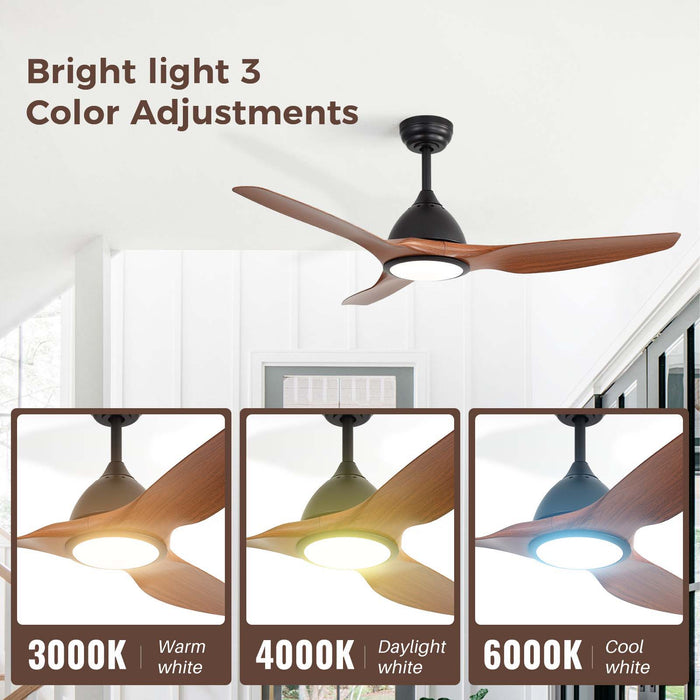52" Smart Ceiling Fan, Dimmable 3 Color LED Light, Remote Control, Quiet Reversible DC Motor
