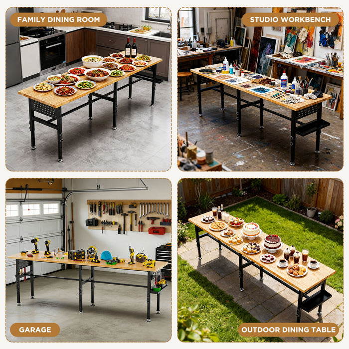 Adjustable Workbench, Side Pegboard, 4 Height Settings, Power Outlet, Storage Box, Wheels Or Leveling Feet - Black