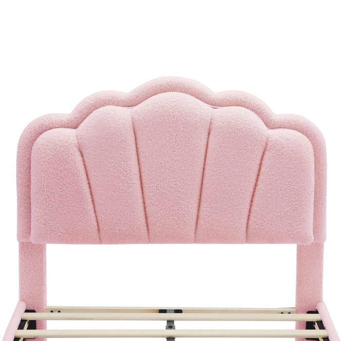 Upholstered Elegant Flowers Headboard With LED Light Strip, Platform Bed With Slats Support