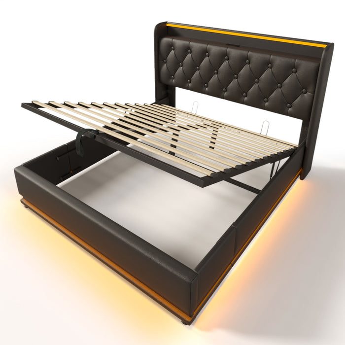 Upholstered Bed, 360 Surround LED Function, Remote Control, Hydraulic Storage Bed With USB, Type-C Charging (Without Mattress)