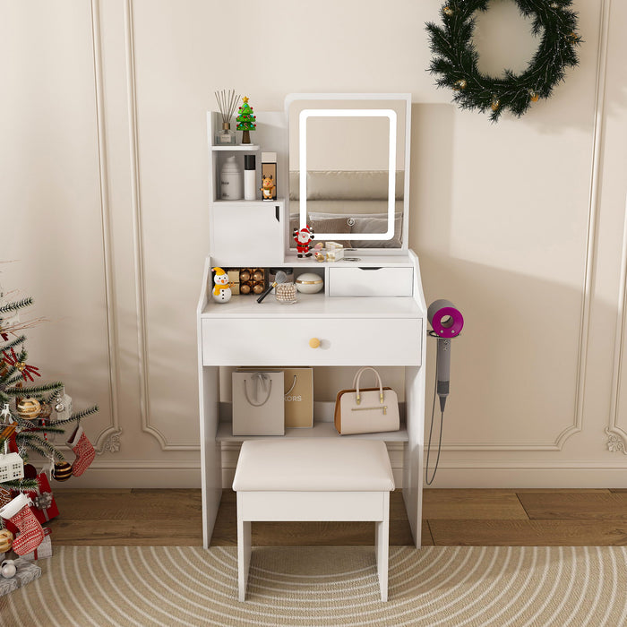 3 Color LED Vanity Mirror With Stool, Dressing Table For Bedroom, 2 Drawers & 5 Storage Cabinets (4 Open + 1 Hidden), Adjustable Lighting - White