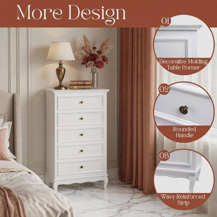 5 Drawer Tall Wide Chest Of Drawers - White
