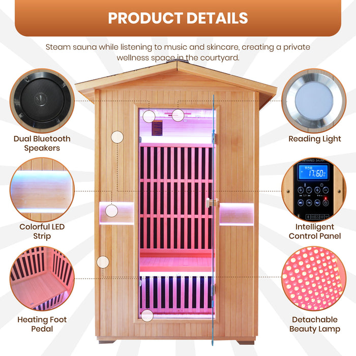 2000W Double Outdoor Far Infrared Sauna Room - Ameican White Oak