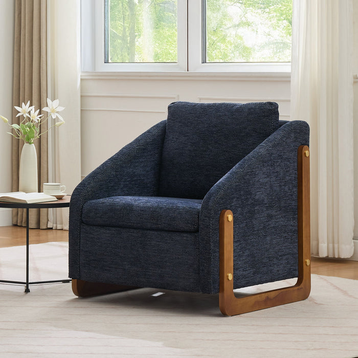 Modern Chenille Upholstered Armchair With Wooden Side Frame