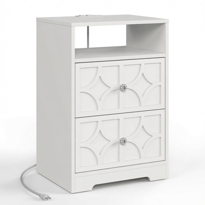 Nightstand With Diamond Carvings Handles, 2 Drawers & Charging Station