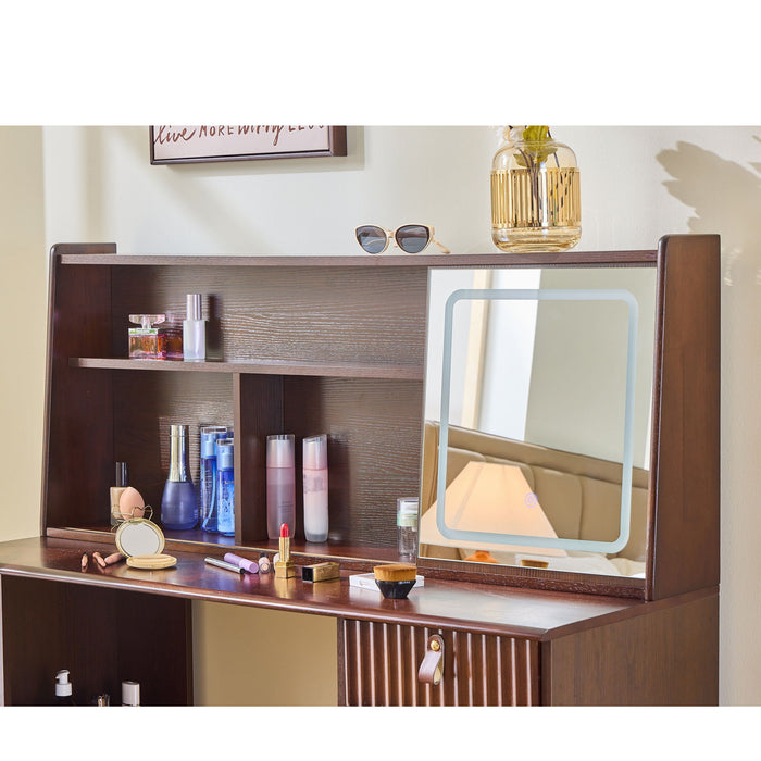 Modern Elegance Makeup Vanity Desk With Adjustable Lighted Mirror Storage Shelves Drawer And Cabinet - Walnut
