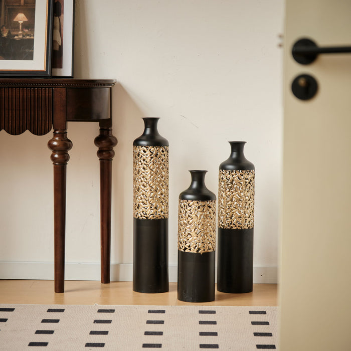 Floor Metal Vases Decorated Metal Vases (Set of 3) Gorgeous Home Decoration Large Glazed Metal Vases - Black / Gold