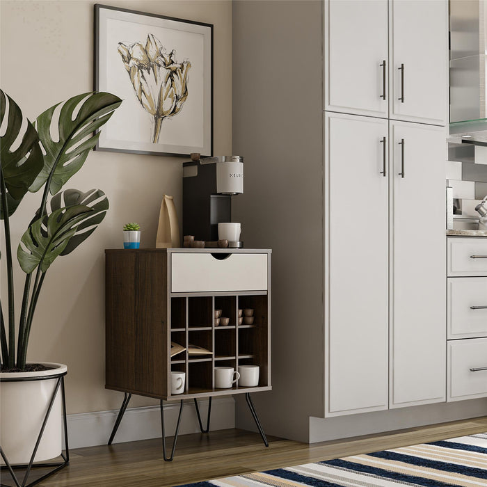 Beverage Storage Stand With 12 Bottle Cubbies And Drawer - Brown Oak