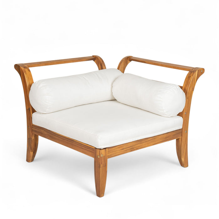 6 Piece Patio Sofa Set, Acacia Wood Outdoor Modular Sectional Garden Furniture Set L Shaped Conversation Set, Convertible Daybed With Tea Table, Ottoman, 5 Cushions And Pillows - Teak / Beige