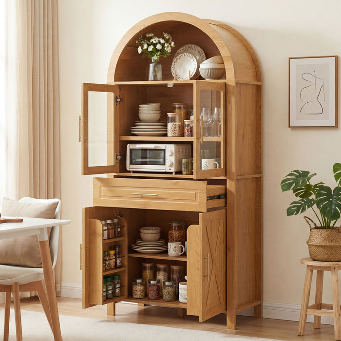 Arched Kitchen Pantry Cabinet With Adjustable Shelves And Barn Door Design