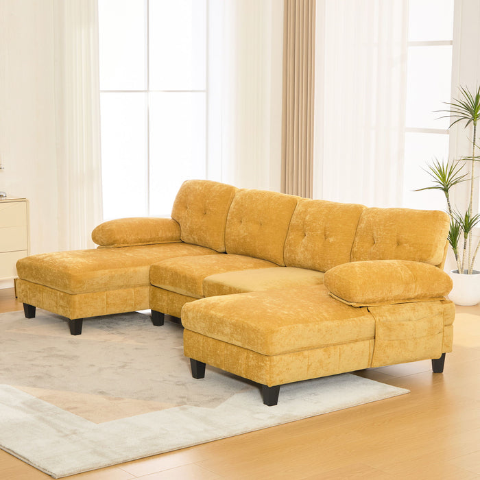 U-Shaped Sectional Sofa 103.5" Black Chenille Fabric Couch With Dual Chaise Lounges, Storage Pockets, Armrest Pillows