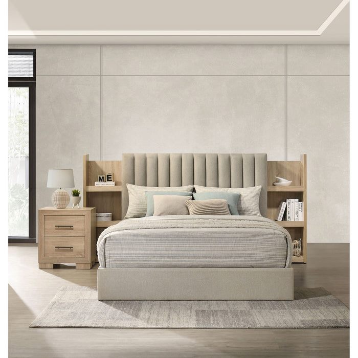Merritt - Queen Bookcase Storage Bed With Tufted Headboard - Light Oak / Light Tan